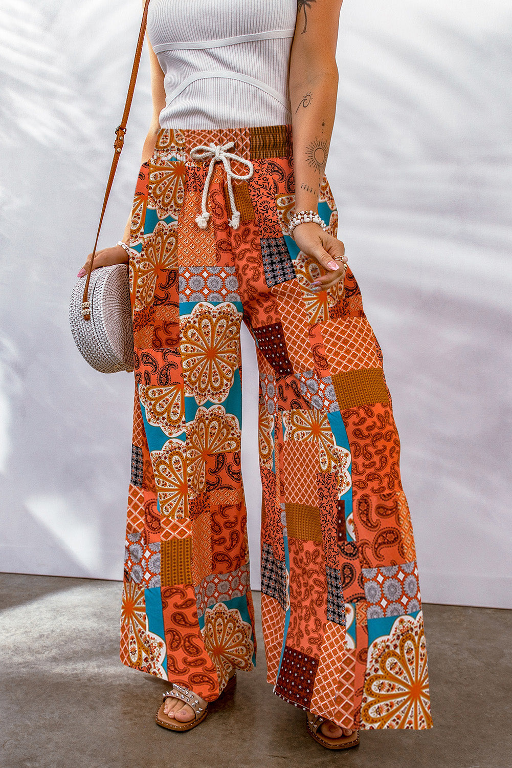 Bohemian Patchwork Drawstring Wide Leg Resort Pants