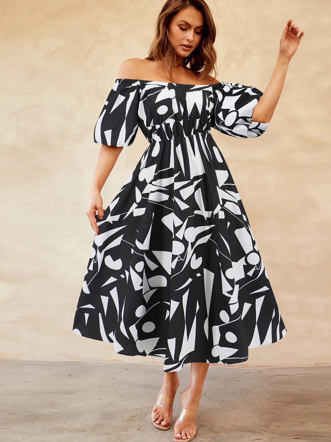 Tropical Off-Shoulder Balloon Sleeve Dress