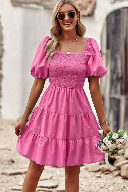 Balloon Sleeve Pink Beach Midi Dress