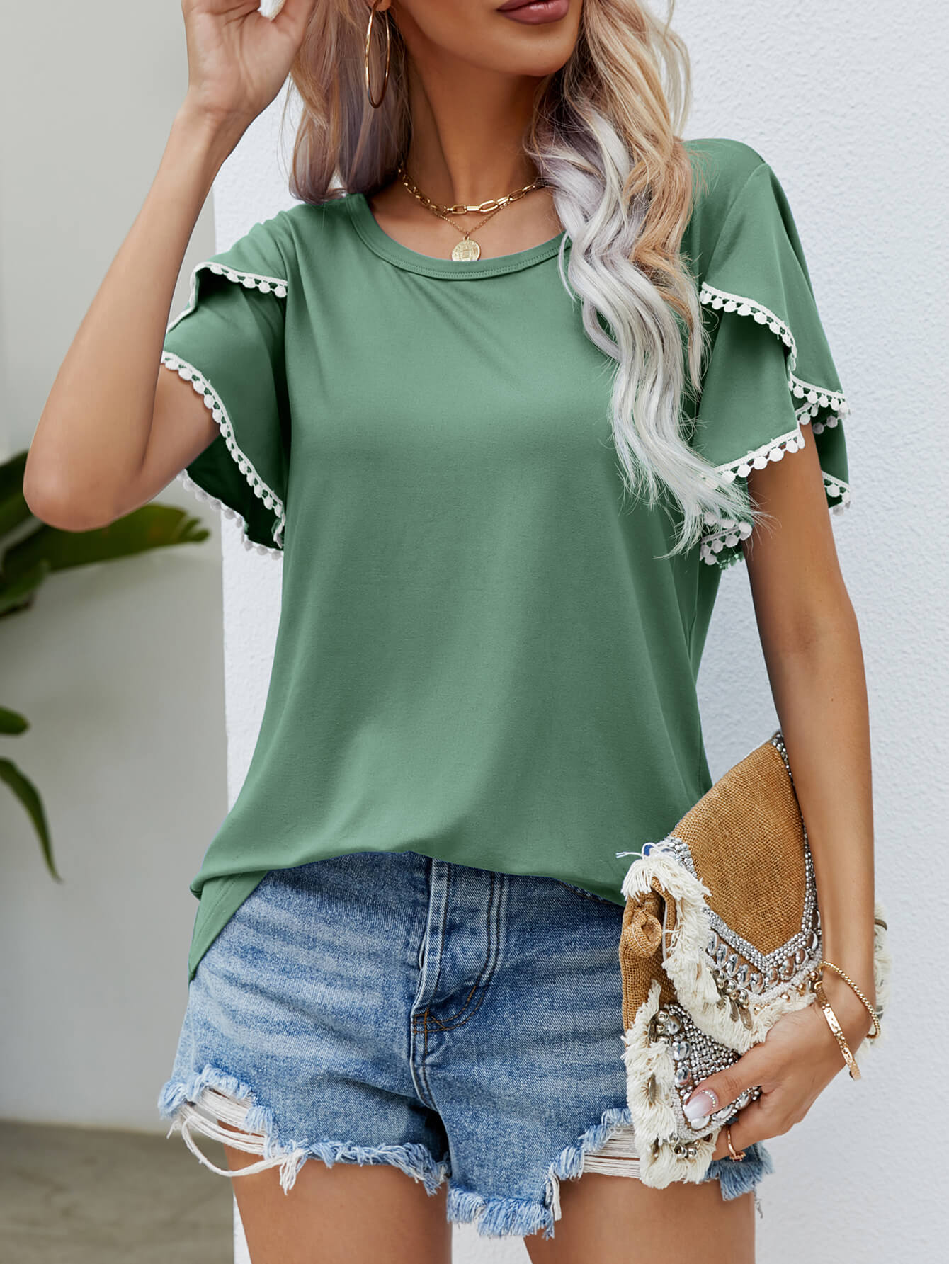 Pom-Pom Sleeve Pink Vacation Tee