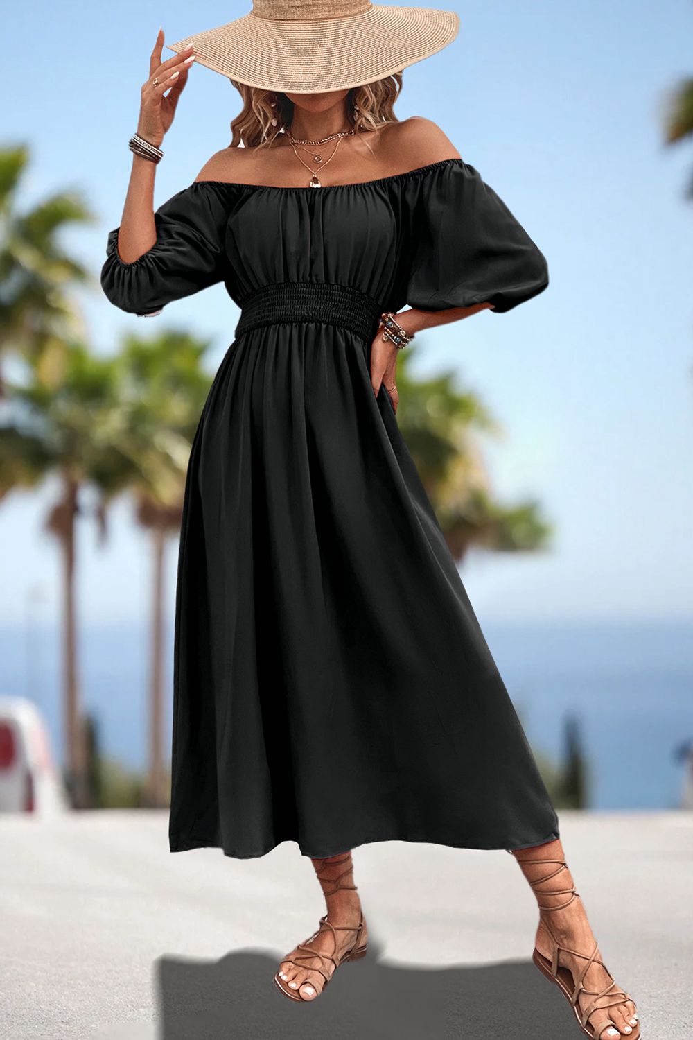 Women's Square Neck Puff Sleeve Resort Midi Dress