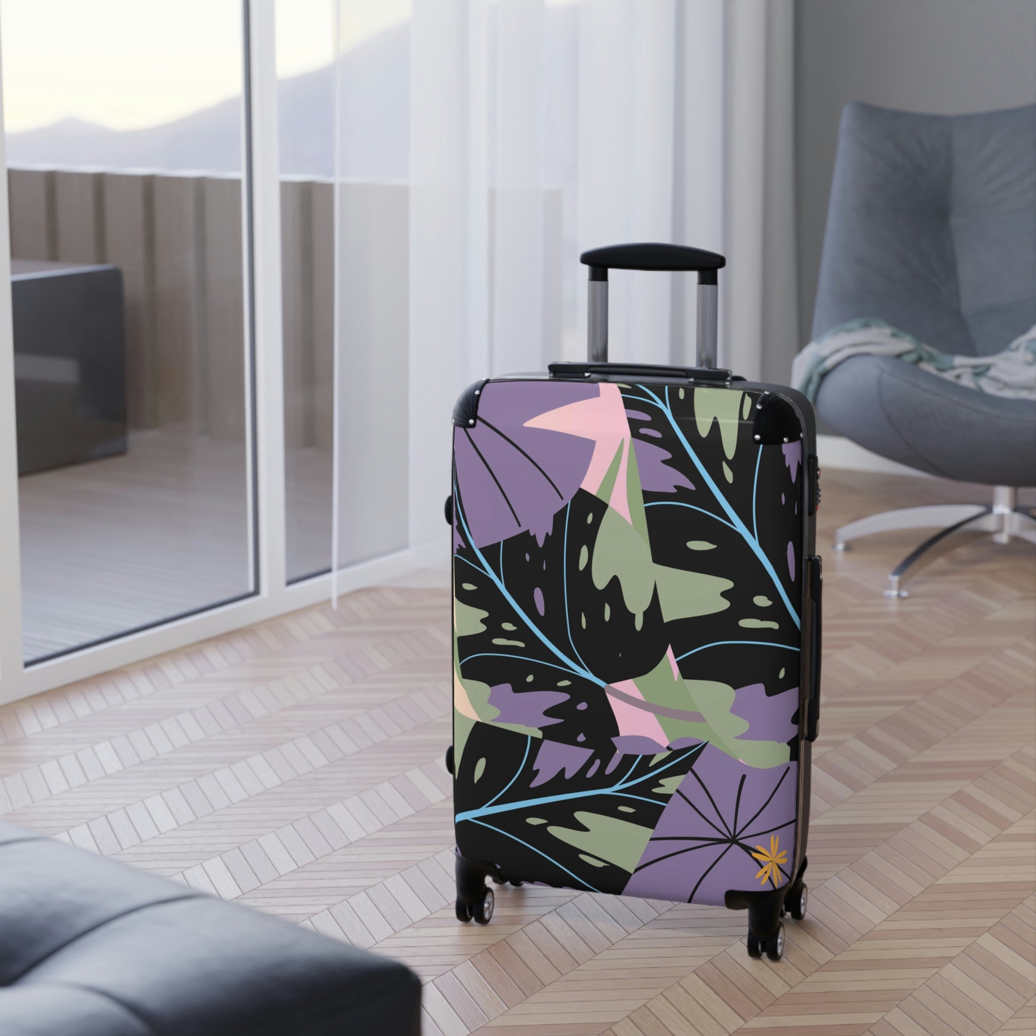 Lavender Jungle Collection Suitcase, Custom Designed Tropical Art Suitcase