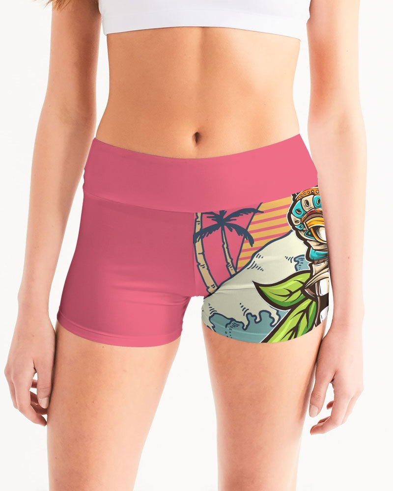 Retro Hawaii Tiki Graphic Women's Pink Yoga Shorts