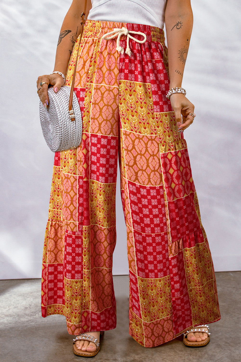 Bohemian Patchwork Drawstring Wide Leg Resort Pants