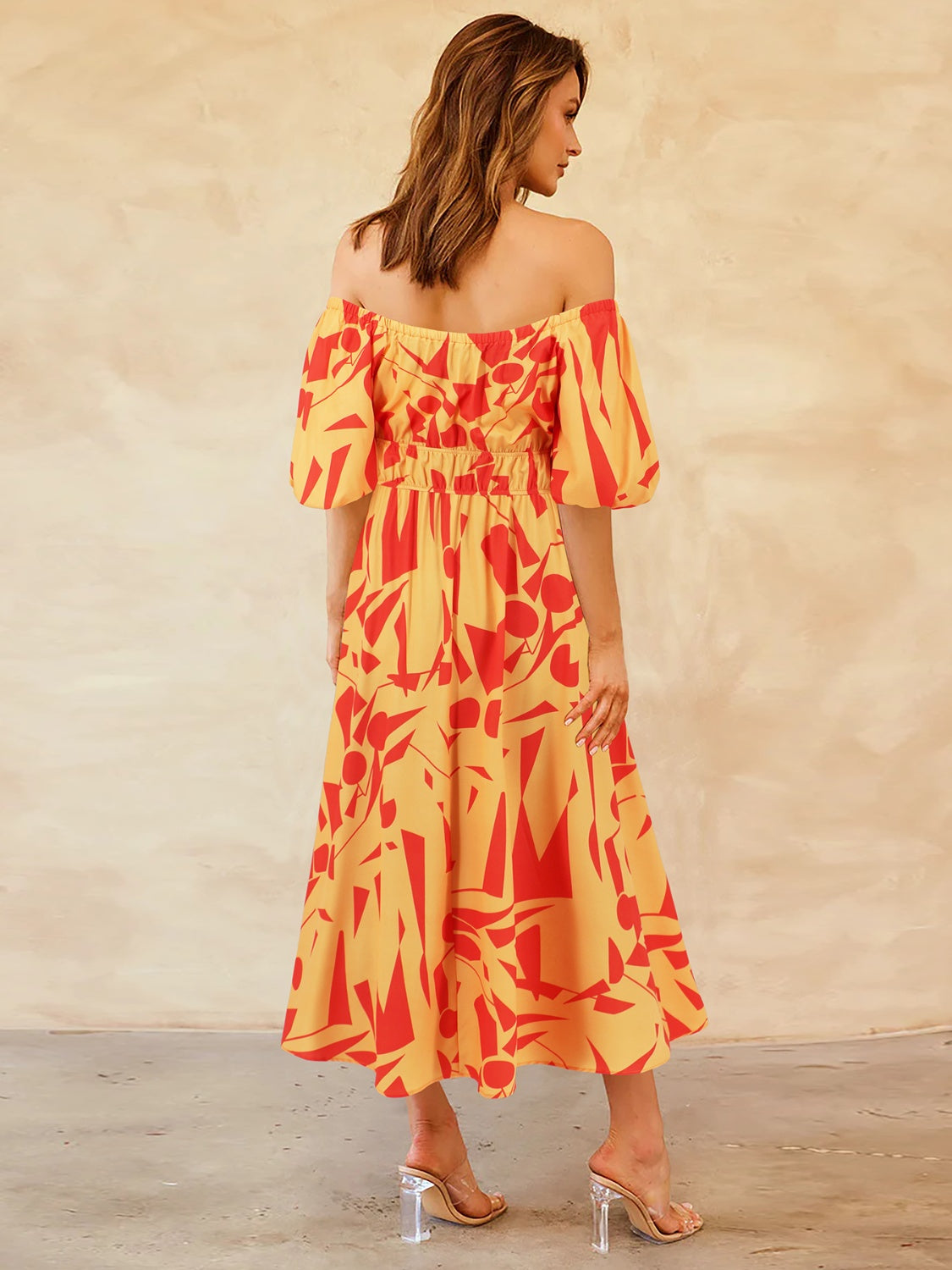 Tropical Off-Shoulder Balloon Sleeve Dress