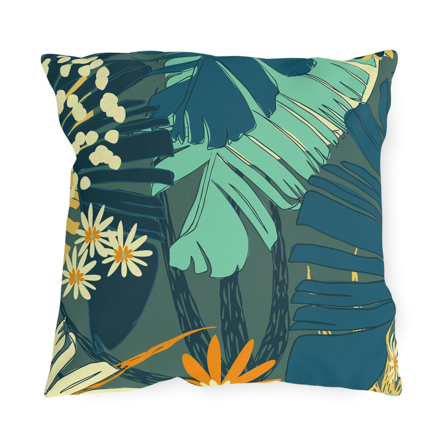 Jungle Blues Collection, Tropical Jungle Leaf Print Outdoor Pillows