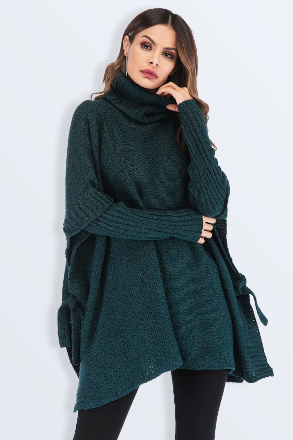 Double Take Tied Turtleneck Asymmetrical Hem Sweater