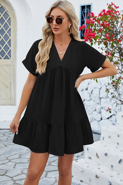 V-Neck Short Sleeve Mini Beach Dress