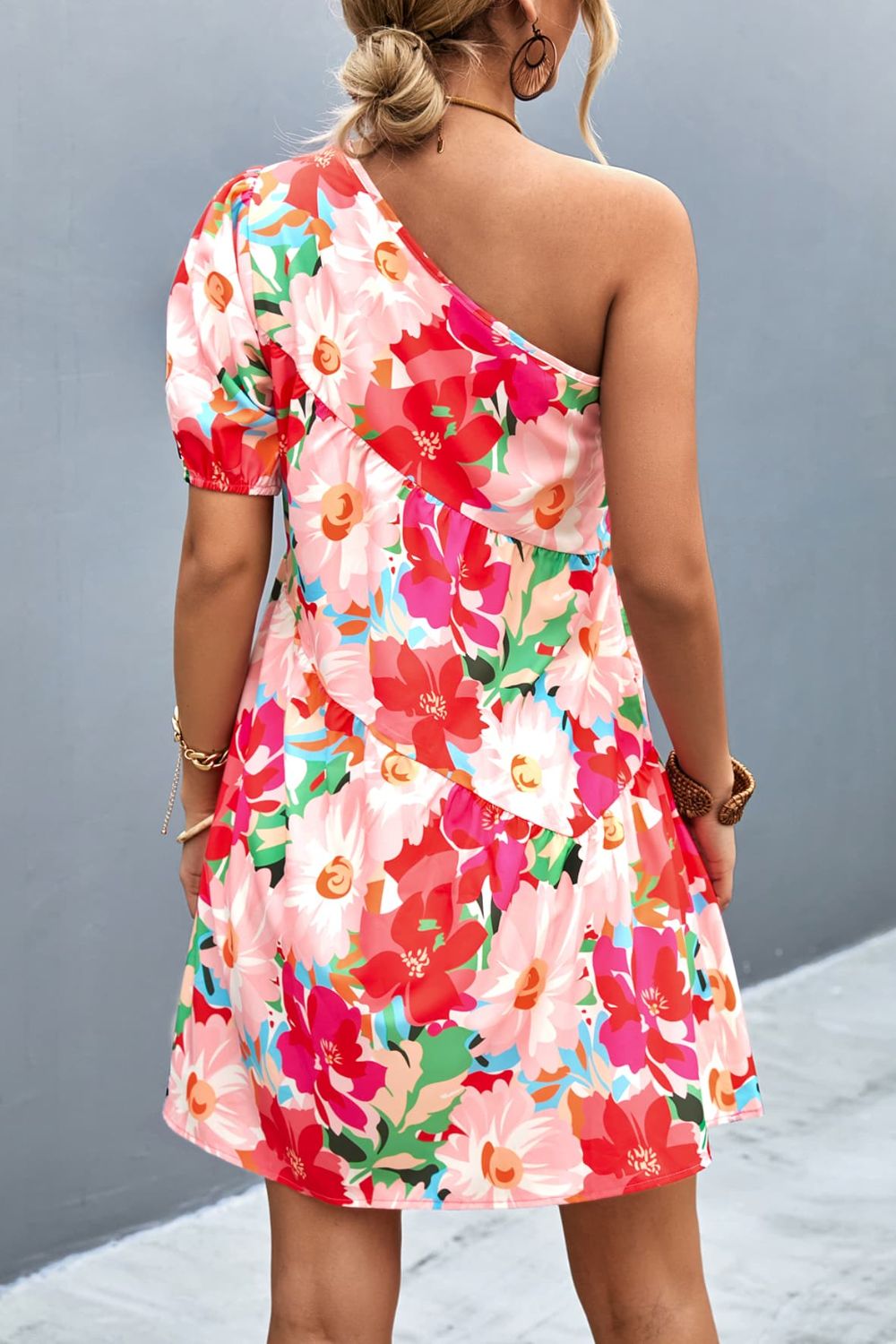 Floral One-Shoulder Puff Sleeve Dress