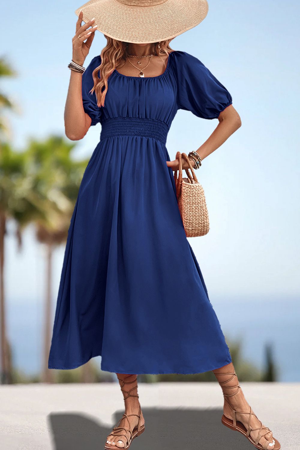 Women's Square Neck Puff Sleeve Resort Midi Dress