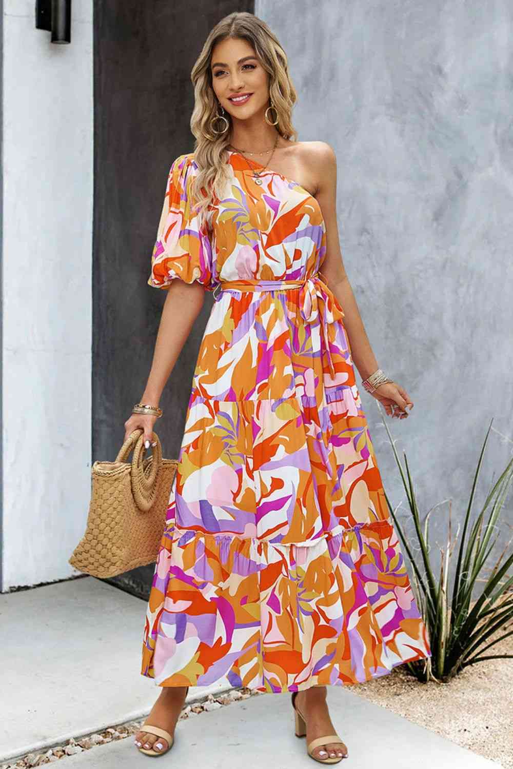 One-Shoulder Tie Belt Resort Maxi Dress