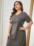 Plus Size Pocketed V-Neck Short Sleeve Beach Dress