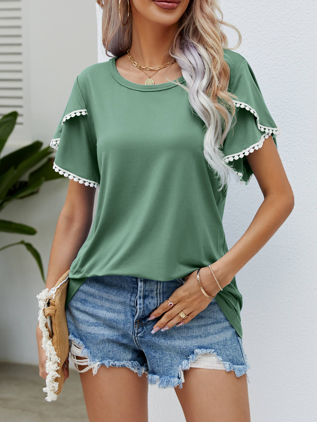 Pom-Pom Sleeve Pink Vacation Tee