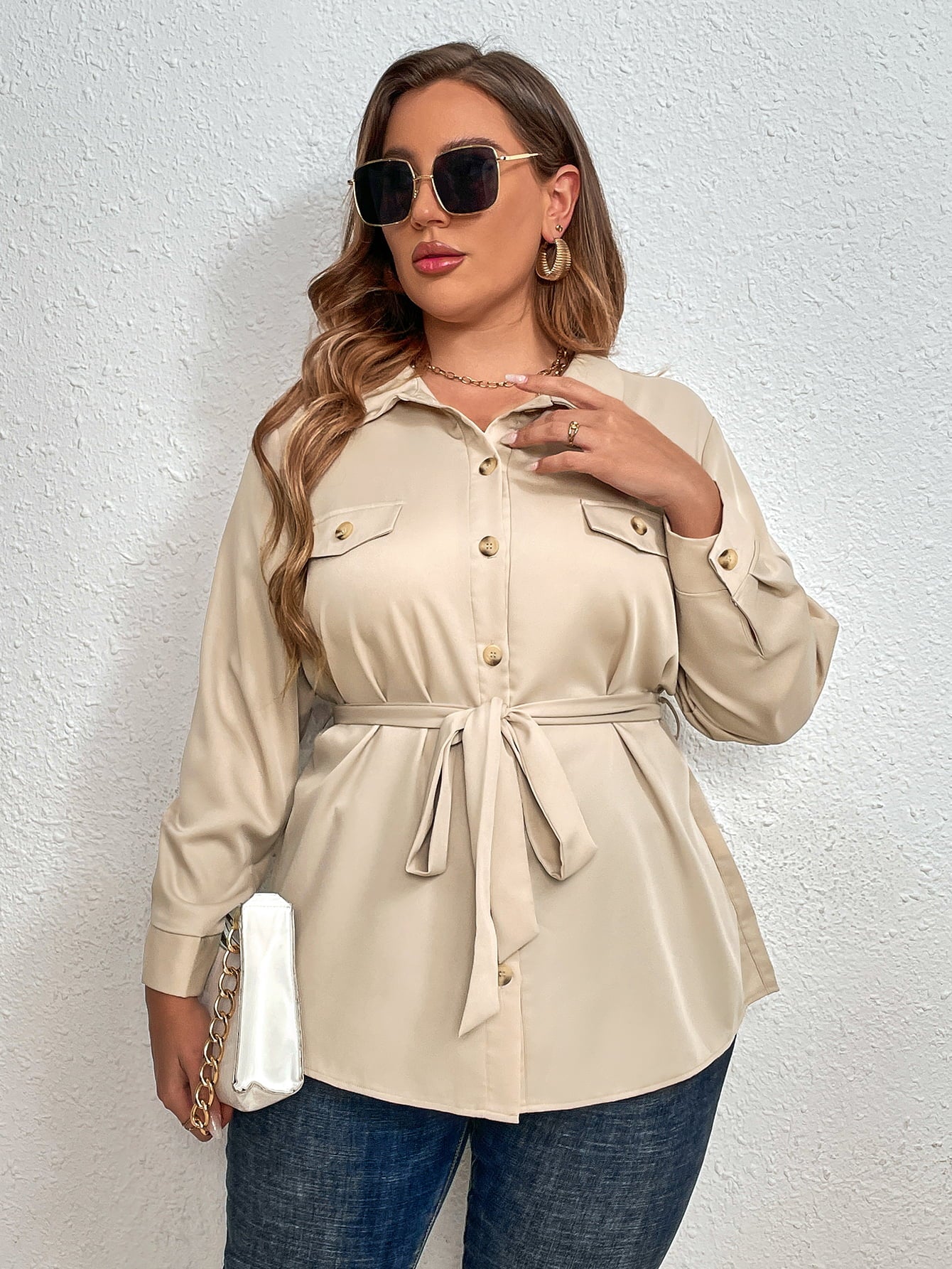 Plus Size Tie Belt Long Sleeve Resort Shirt