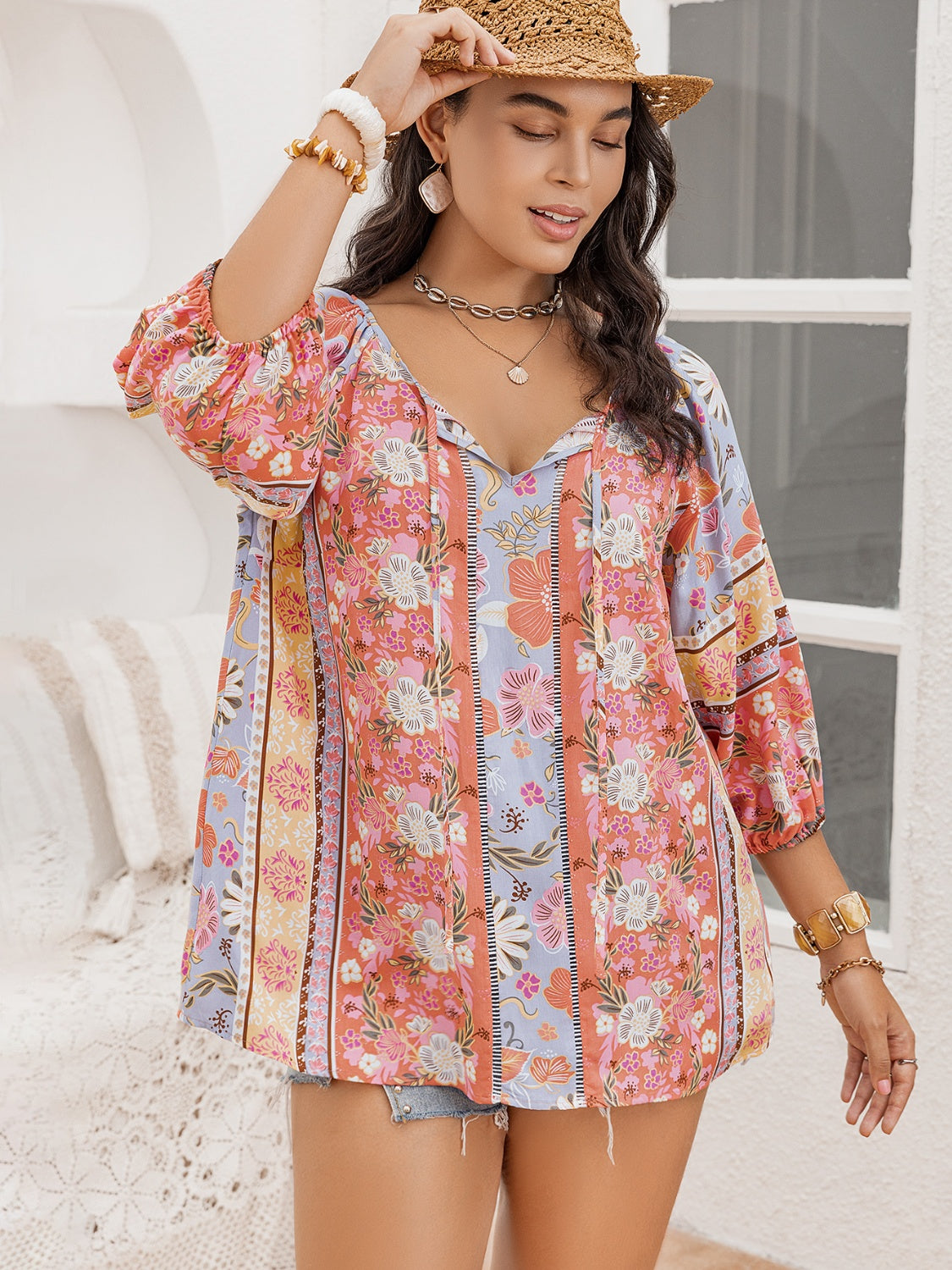 Plus Size Balloon Sleeve Boho Sumer Blouse