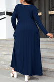 Plus Size Navy Long Sleeve Maxi Dress with Pockets up to 4XL