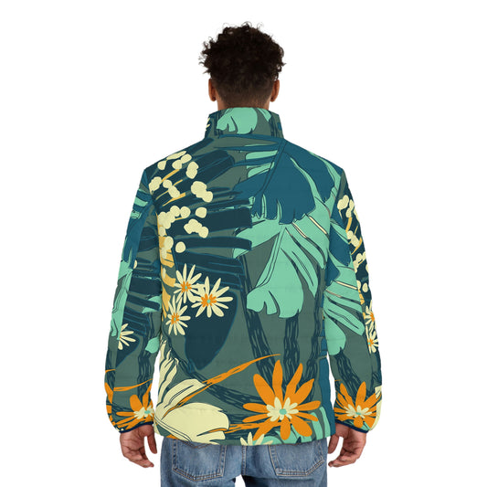 Unisex Jungle Blues, Tropical Print Puffer Jacket up to 2XL