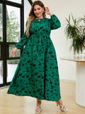 Plus Size Printed Long Sleeve Tie Neck Dress