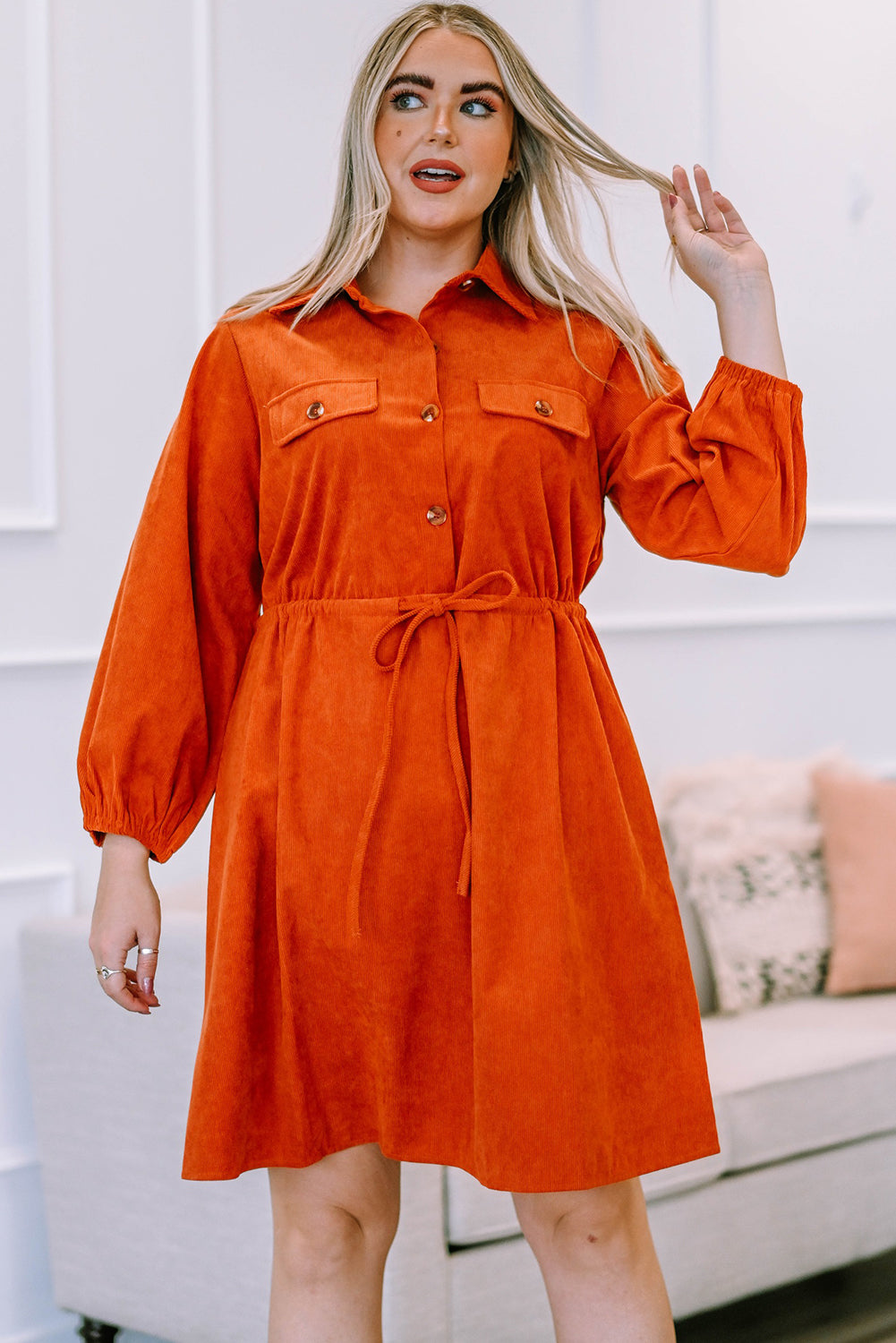 Plus Size Drawstring Orange Resort Dress