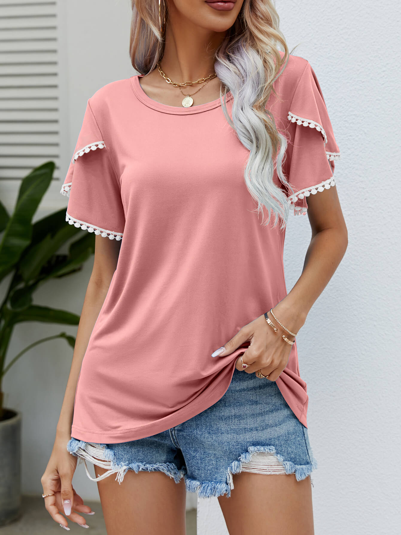 Pom-Pom Sleeve Pink Vacation Tee