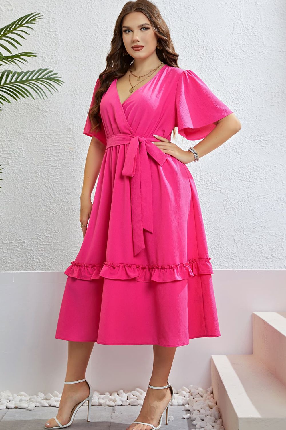 Belted Plus Size Pink Ruffle Dress up to 4XL