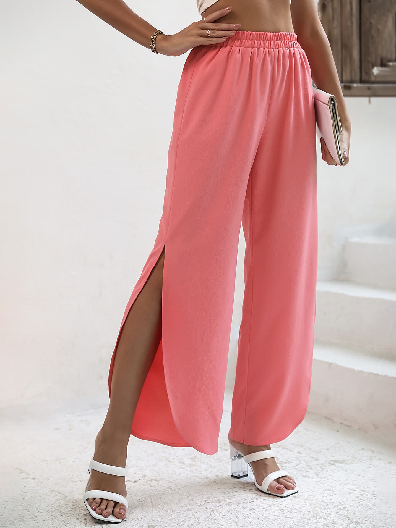 Beach Coral Elastic Waist Slit Wide Leg Vacation Pants