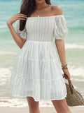 Smocked Eyelet Off-Shoulder Mini Beach Dress