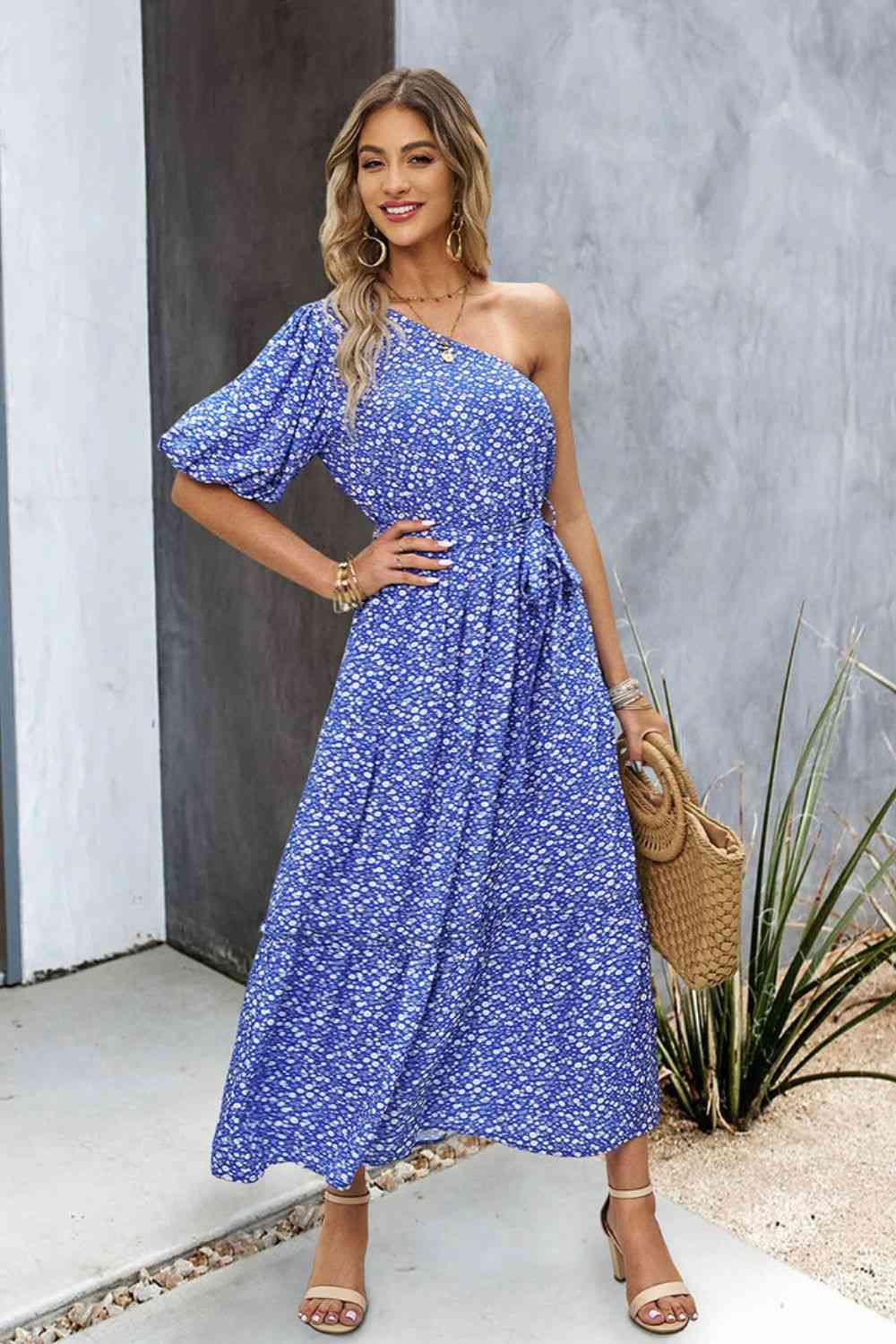 One-Shoulder Tie Belt Resort Maxi Dress