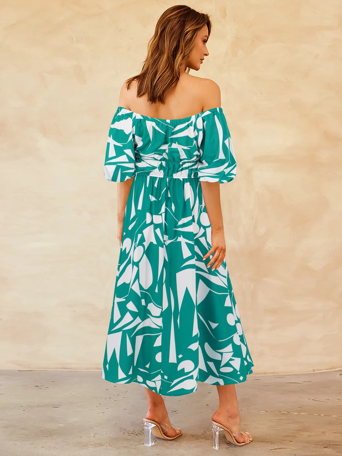 Tropical Off-Shoulder Balloon Sleeve Dress