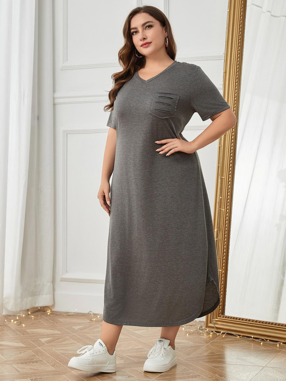 Plus Size Pocketed V-Neck Short Sleeve Beach Dress