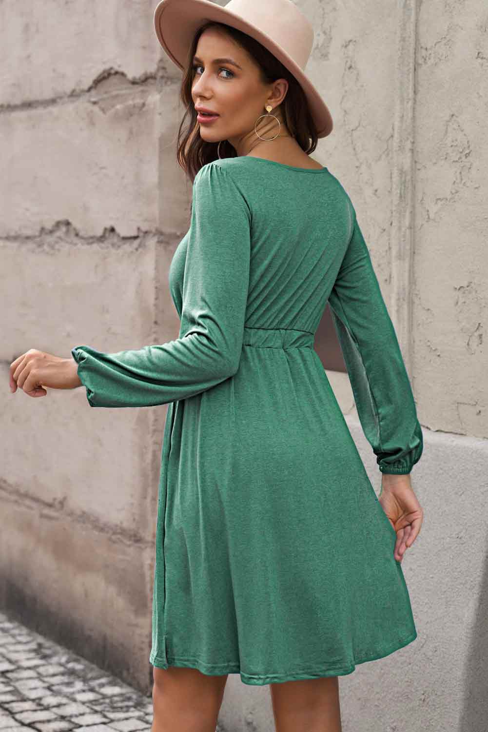 Plus Size Button Front Elastic Waist Long Sleeve Dress