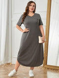 Plus Size Pocketed V-Neck Short Sleeve Beach Dress