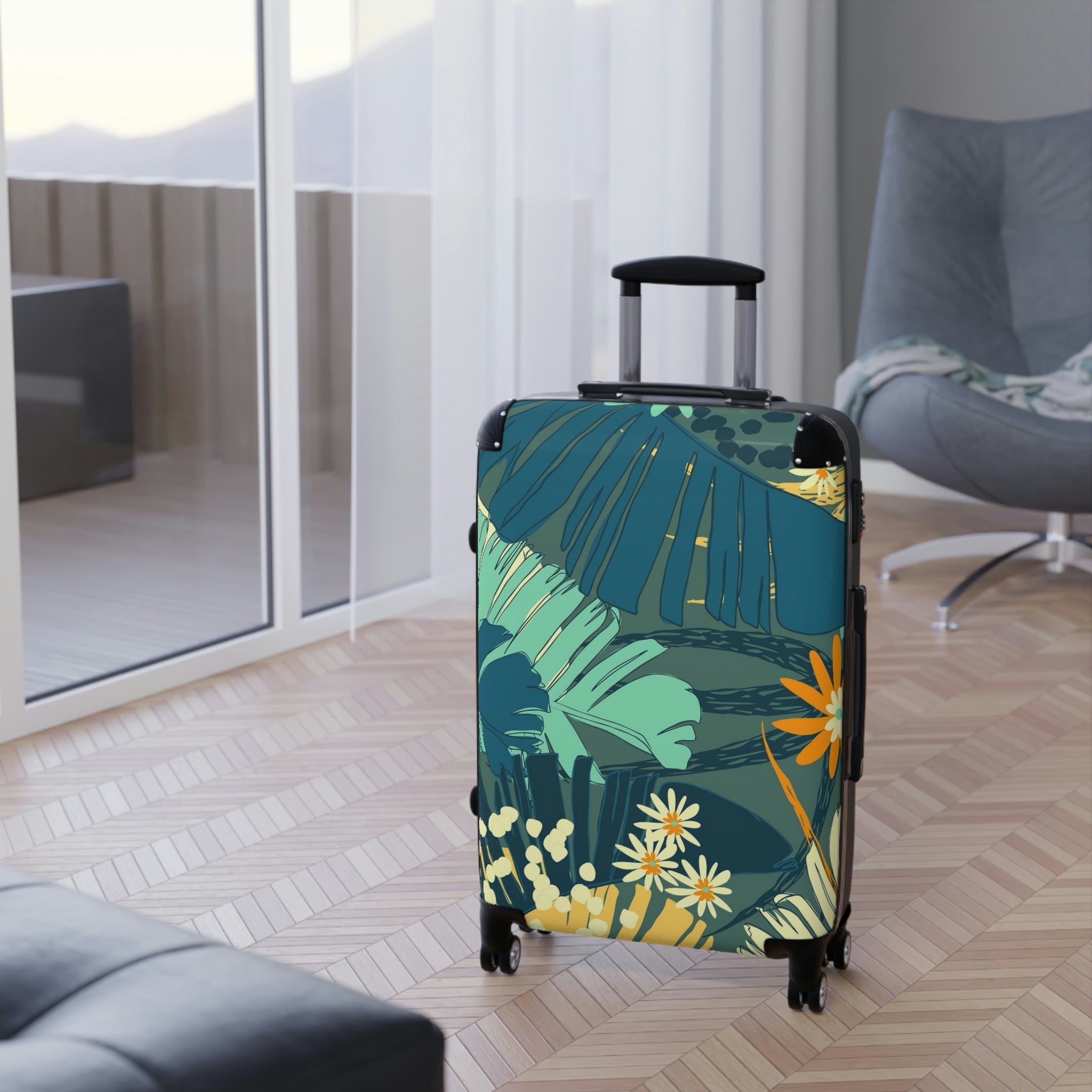 Tropical Print Suitcases, Featuring our Jungle Blues Print