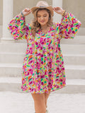 Plus Size Printed V-Neck Mini Vacation Dress