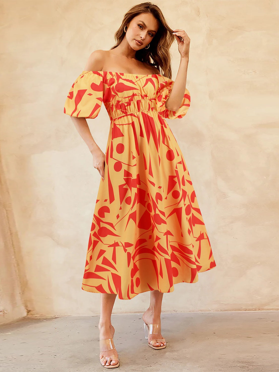 Tropical Off-Shoulder Balloon Sleeve Dress