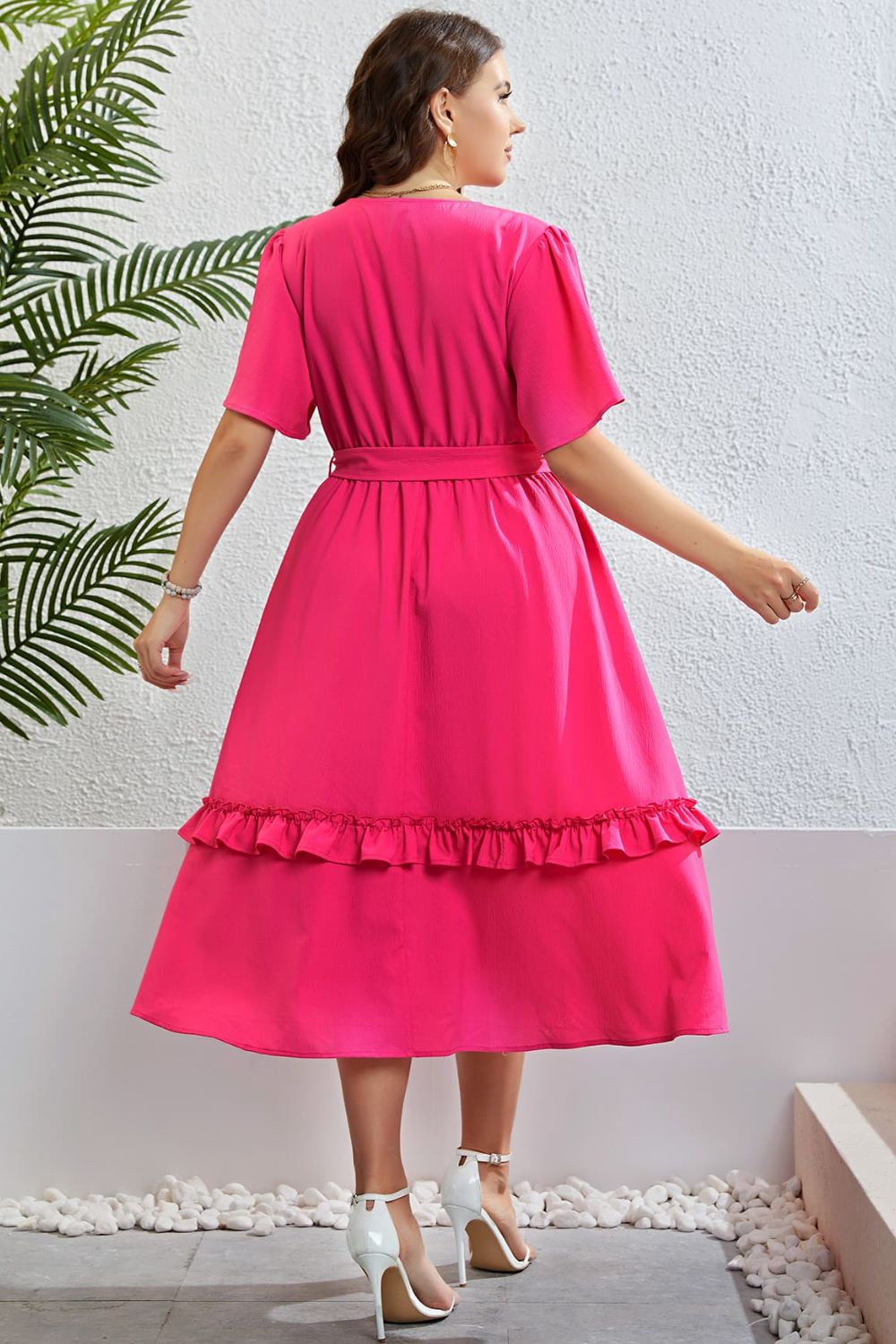 Belted Plus Size Pink Ruffle Dress up to 4XL