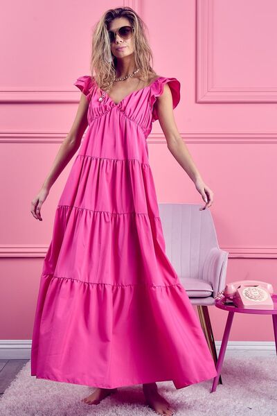 Pink Summer Cap Sleeve Maxi Dress