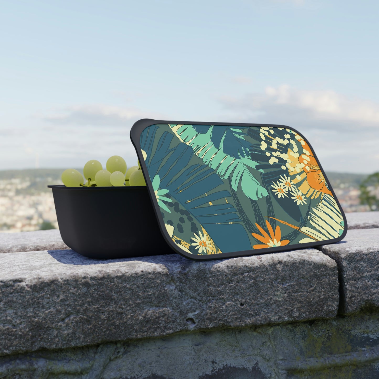 Jungle Blues Collection Bento Box with Band and Utensils, Tropical eco -smart Designer Bento Box