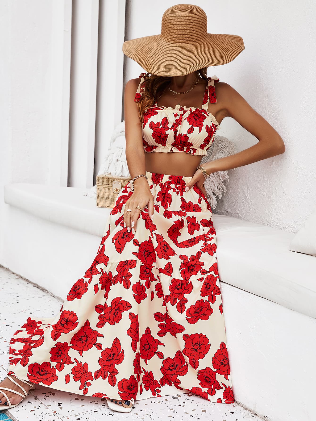 Floral 2 Piece Tropical Vacation Maxi Skirt Set