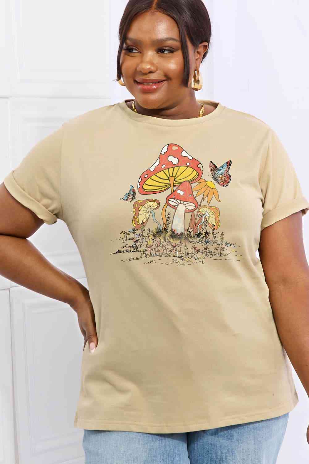 Mushroom & Butterfly Graphic Cotton T-Shirt