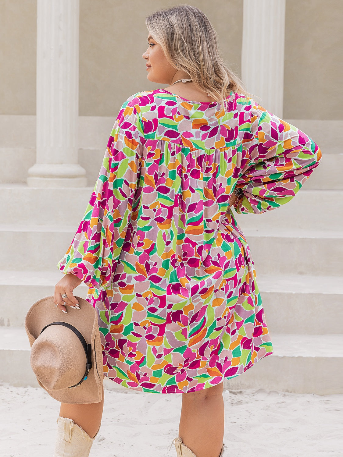 Plus Size Printed V-Neck Mini Vacation Dress