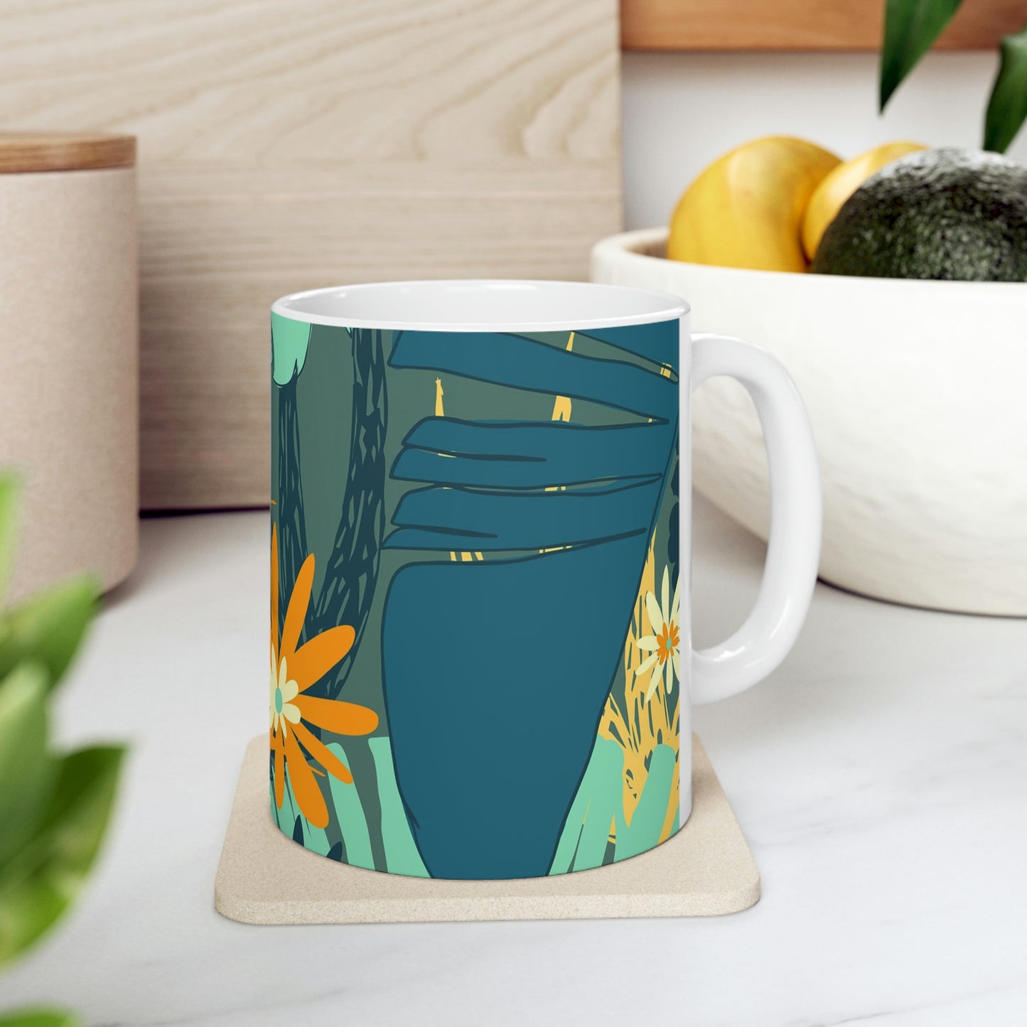 Jungle Blues Collection Mug, Tropical Print Ceramic Mug 11oz