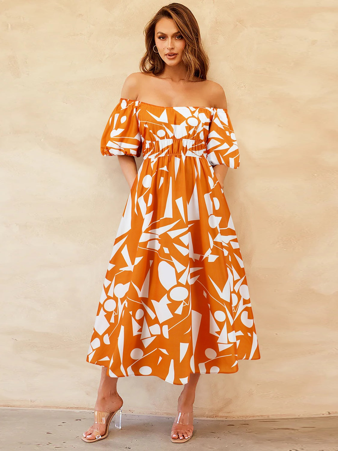 Tropical Off-Shoulder Balloon Sleeve Dress