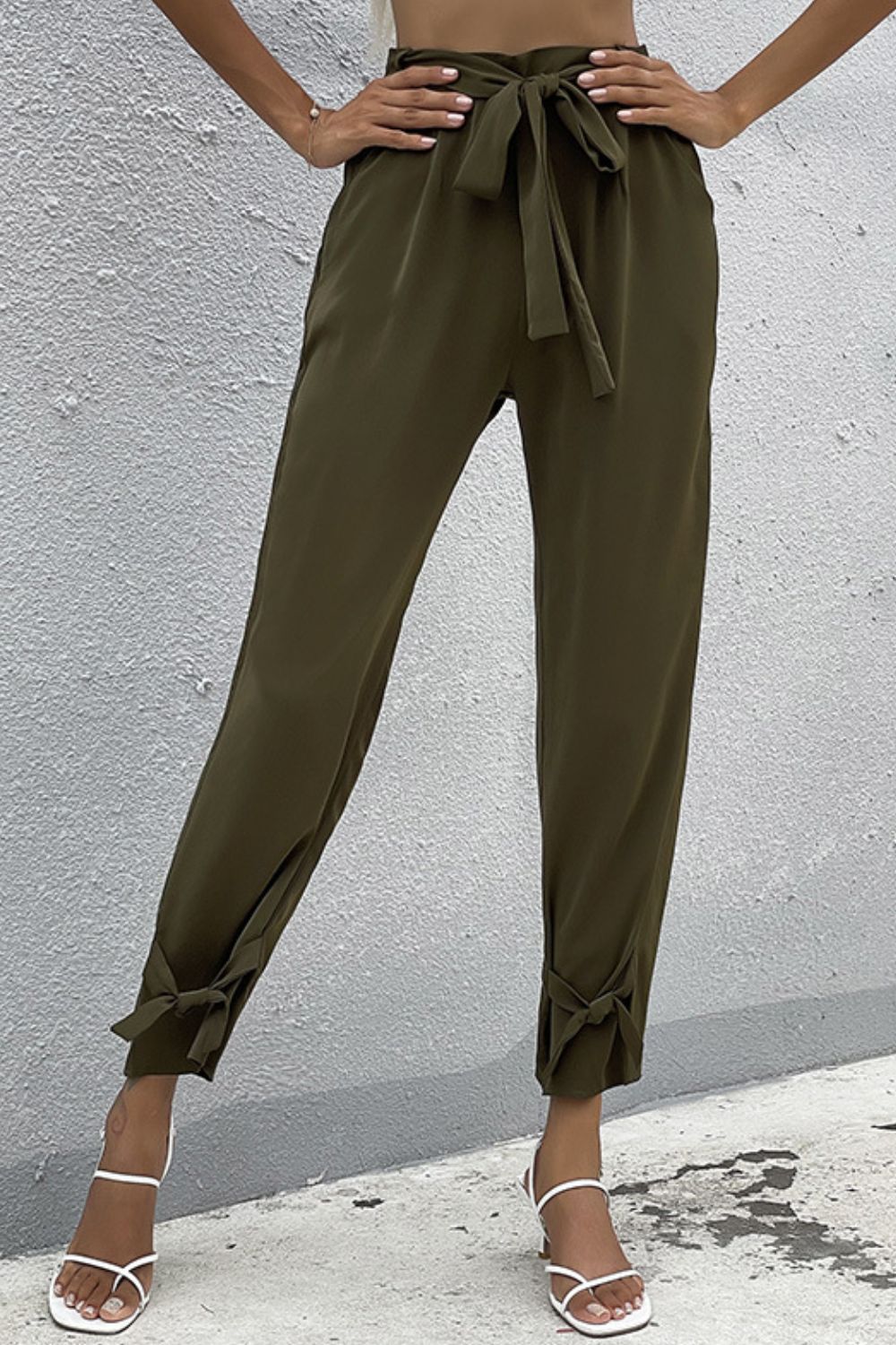 Tie Detail Belted Resort Pants with Pockets