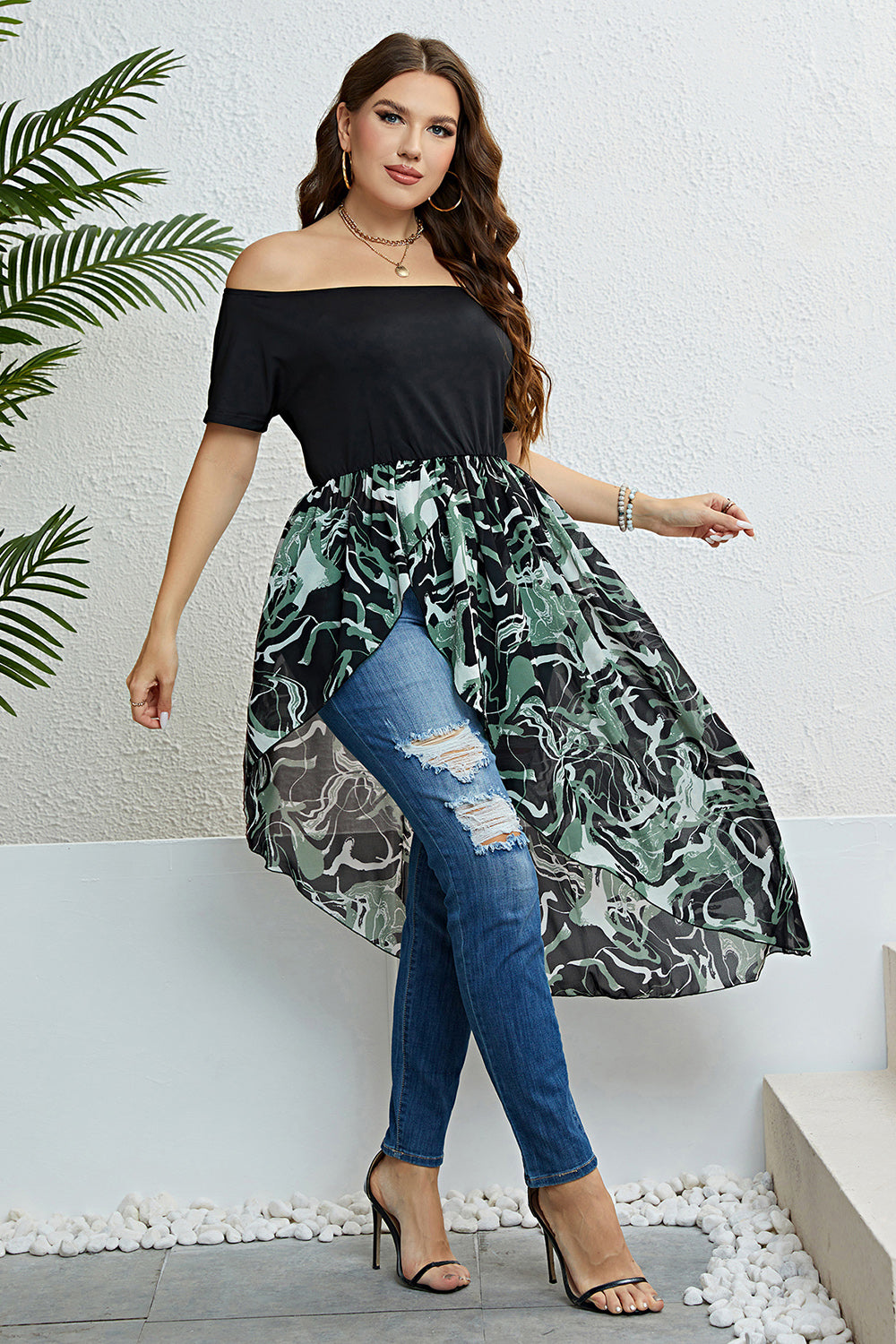 Plus Size Off-Shoulder Vacation Hem Dress