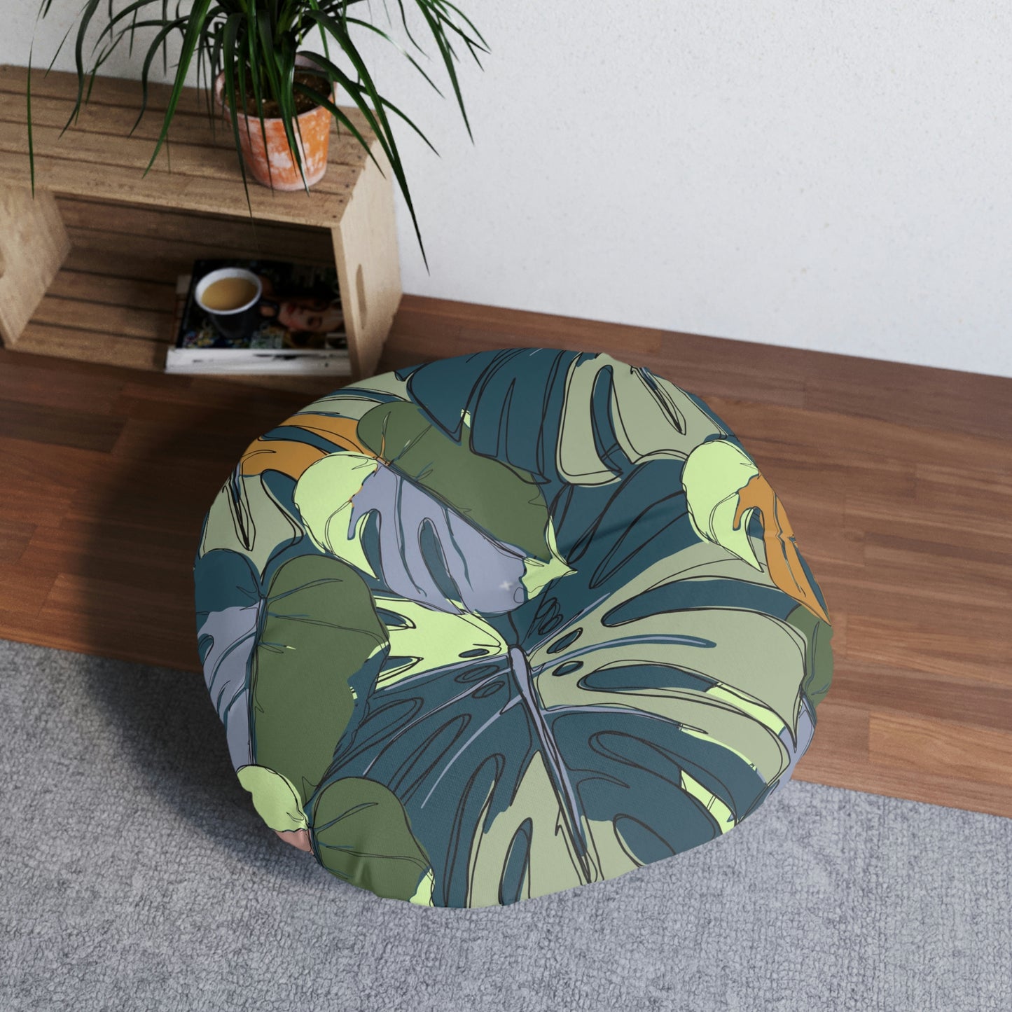 Hawaii Monstera Collection Floor Pillow, Tropical Monstera Leaf Design Round Floor Pillow