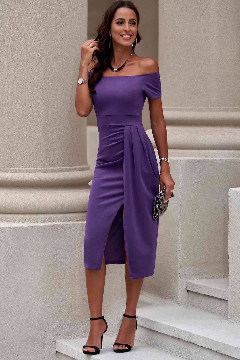 Off-Shoulder Short Sleeve Midi Resort Dress