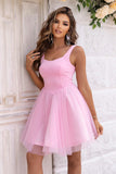 Wide Strap Pink Mesh Party Dress