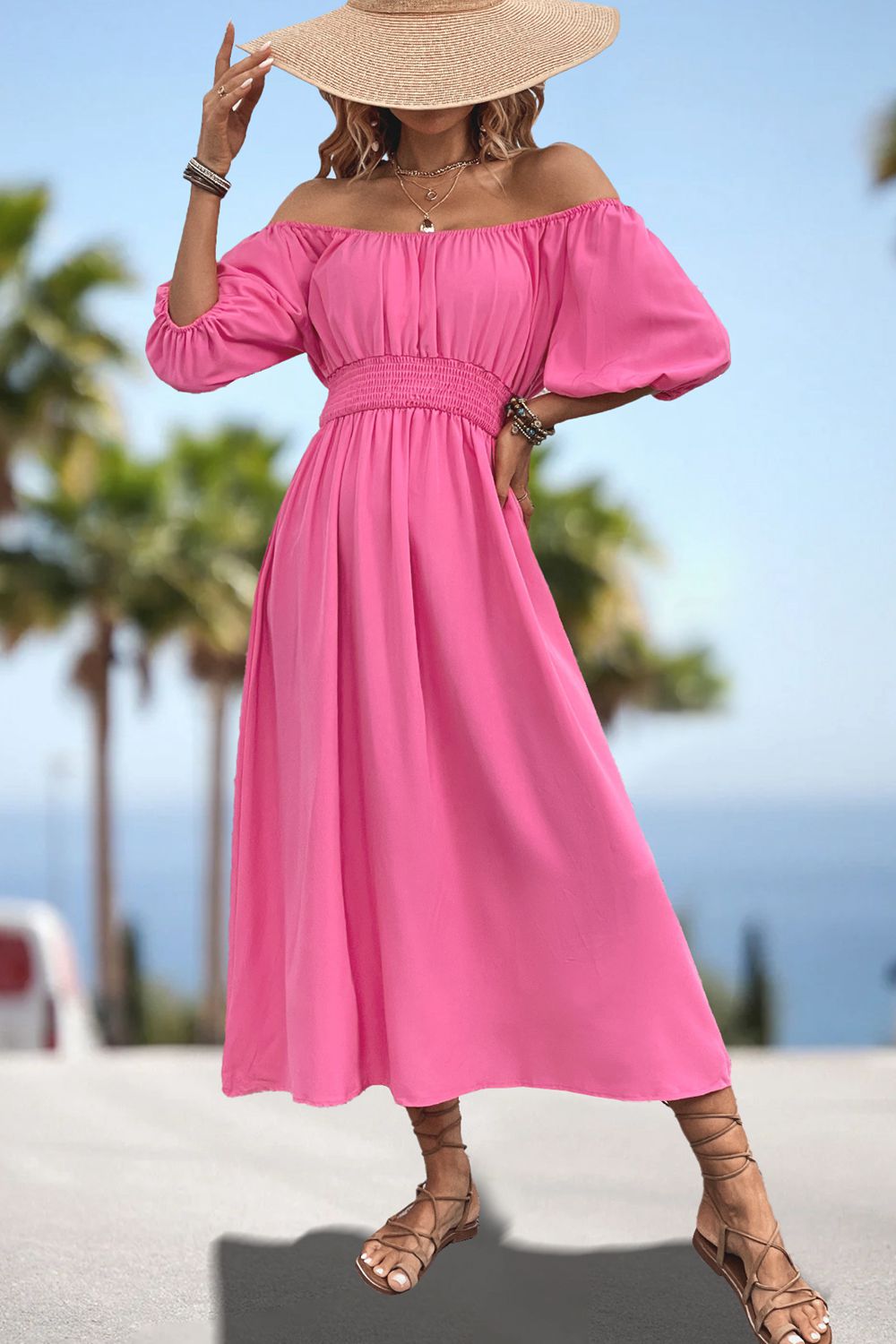 Women's Square Neck Puff Sleeve Resort Midi Dress