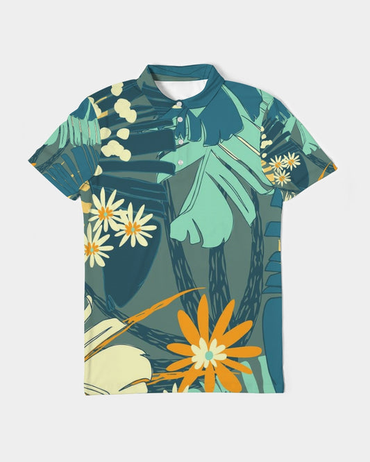 Jungle Blues Men's Tropical Print Golf Shirt, Tropical Polo Shirt